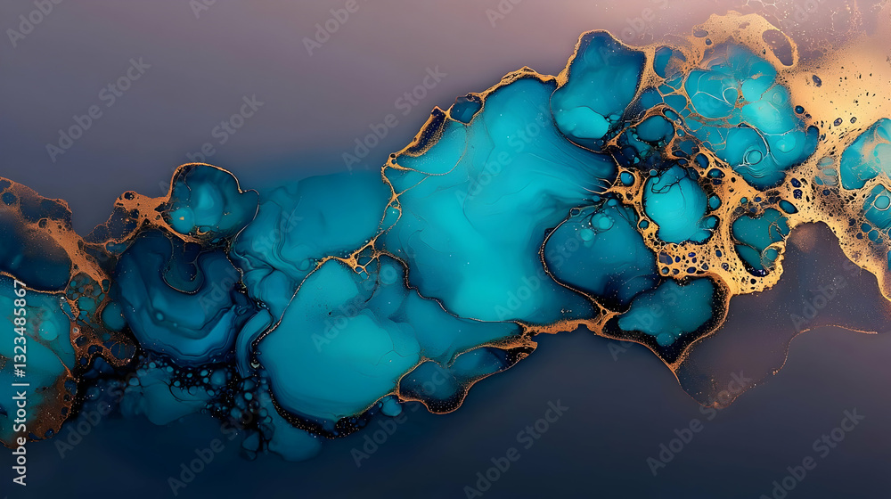 Poster abstract fluid ink artwork with teal and gold colors creating a luxurious design texture on dark bac