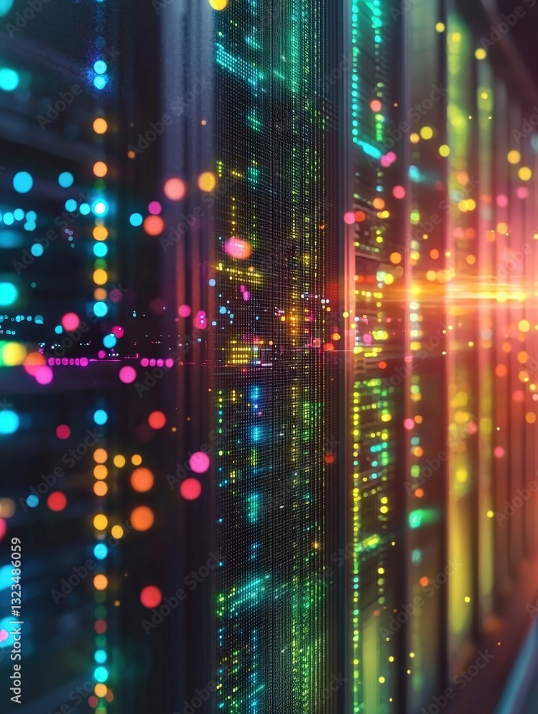 Poster a high-tech server rack illuminated by colorful led lights creating a futuristic atmosphere