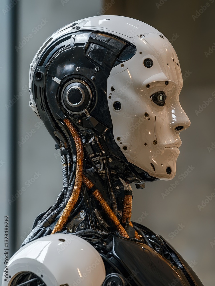 Poster a futuristic robot wearing a helmet showcasing advanced technology and imagination in design