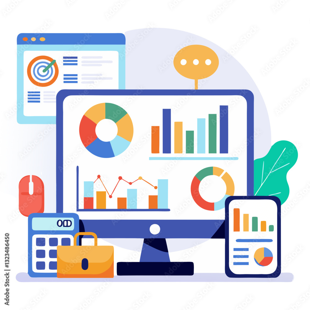 Poster dashboards present real time business metrics through colorful graphs and charts. a computer and dev