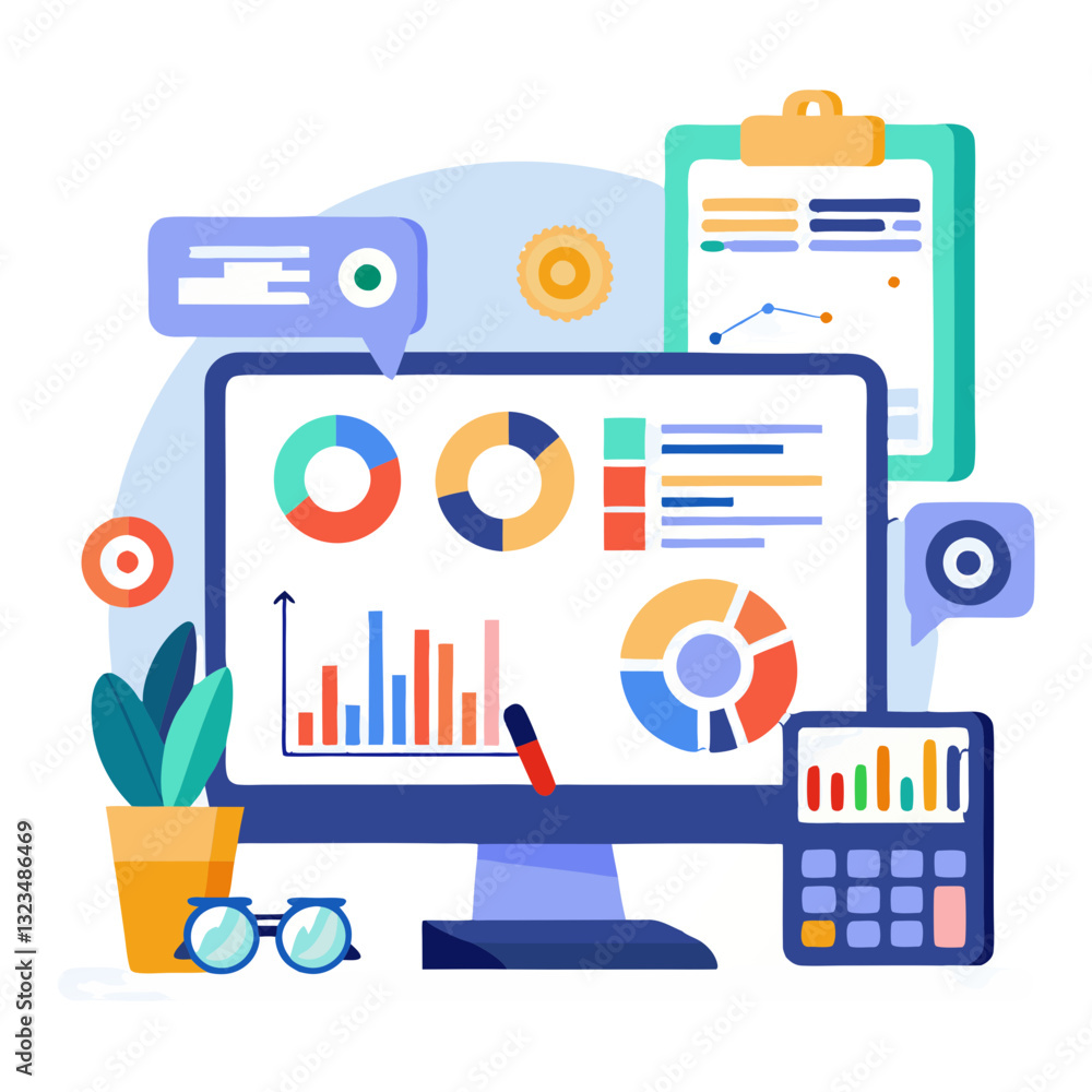 Poster real time business metrics are showcased using colorful dashboards featuring various charts and grap
