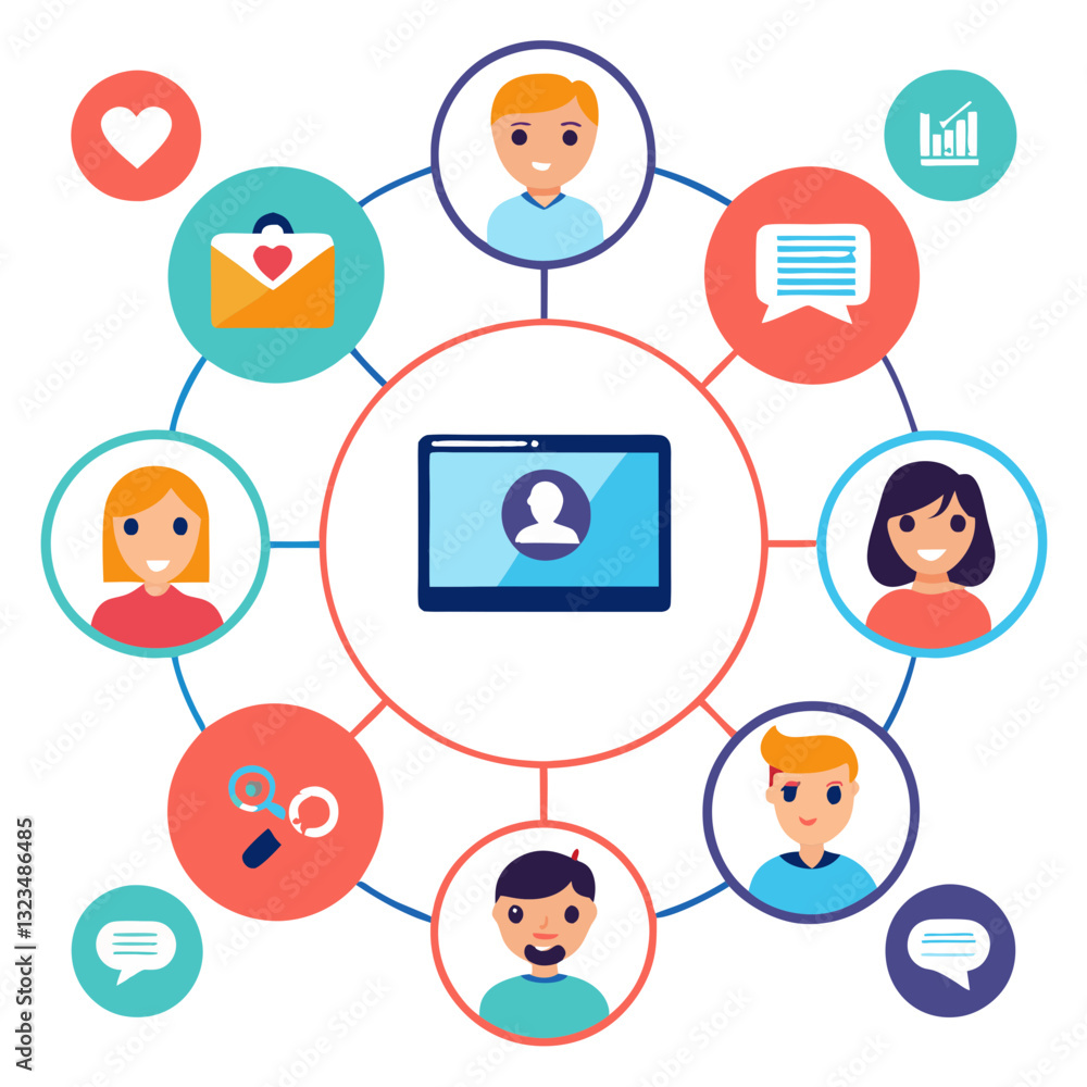 Poster multiple users and devices create a digital circle of trust, illustrating communication through icon