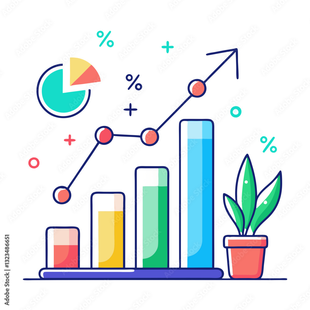 Poster colorful graphs and charts illustrate upward trends in business metrics with a pie chart and a plant