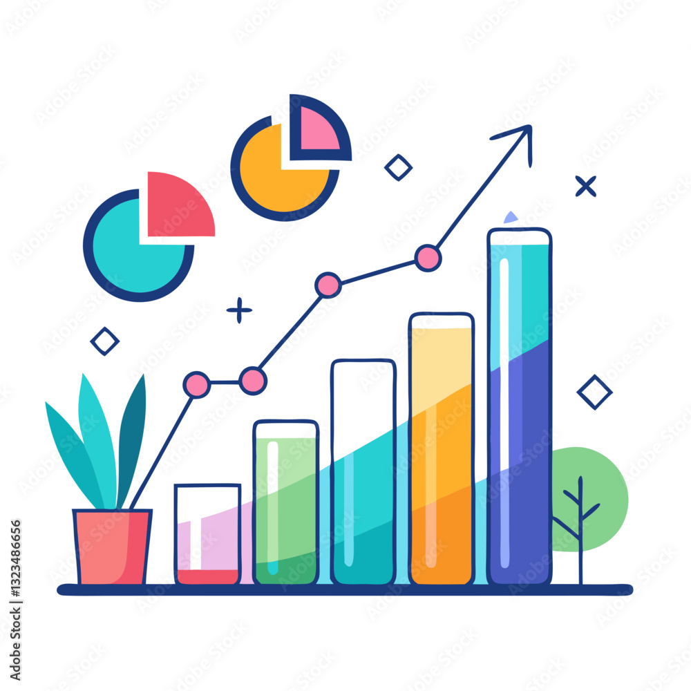 Poster colorful graphs and charts illustrate rising trends in data analysis. the visual features bar charts