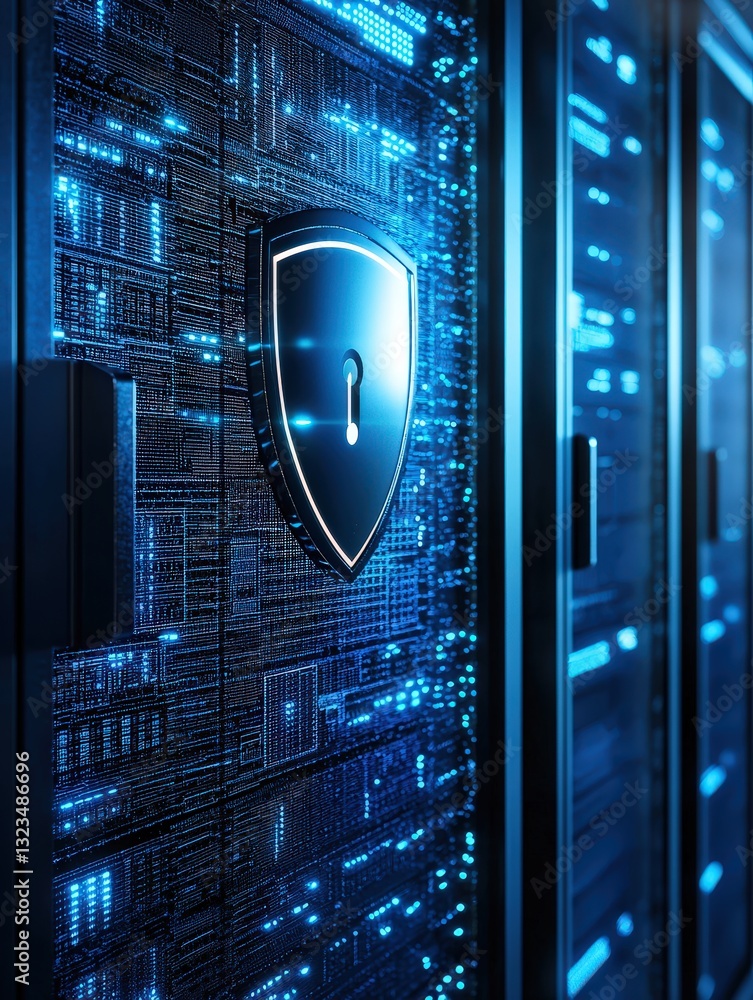 Poster computer server equipped with a shield symbolizing cybersecurity and protection of data in it