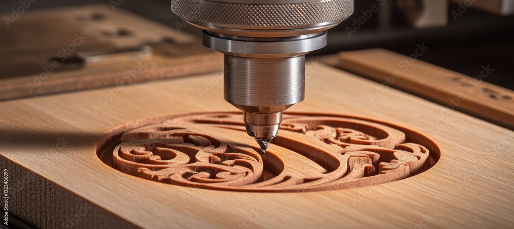 Poster cnc router carving ornate design into wood precision craftsmanship and technology in action