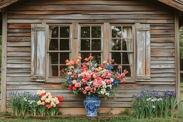 Naklejka premium Colorful flowers arranged in front of a rustic wooden building