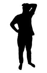 Silhouette of a thoughtful man scratching his head with one hand on his hip. Vector illustration