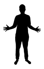 Full body silhouette of a young man shrugging shoulders expressing confusion and doubt. Vector illustration