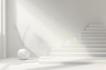 Bright white room featuring a vase with a green plant creating a harmonious and minimalist interior design space