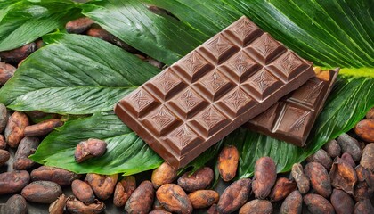 Cocoa beans and chocolate bars arranged on tropical leaves.