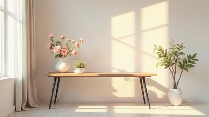 Serene Minimalist Interior Design Featuring Wooden Table, Pink Flowers, and Greenery in a Sunlit Room