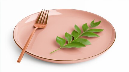 Elegant Blush Pink Plate with Copper Fork and Greenery, Generative AI.