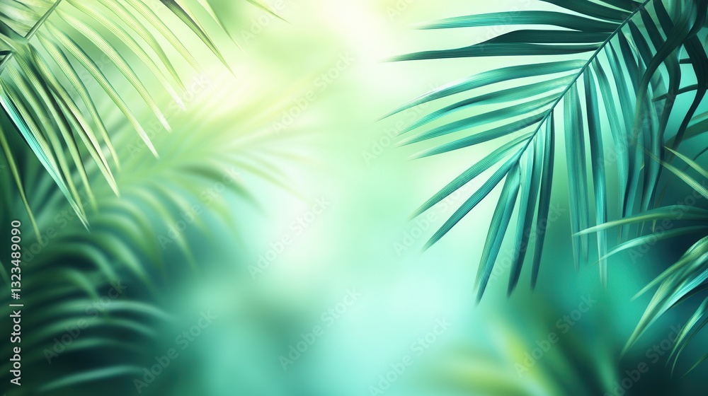 Aufkleber tropical backdrop with blurred palm leaves creating a fresh and adventurous vibe in vibrant green an