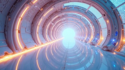 Obraz premium Futuristic Spaceship Corridor Glowing Orange and Blue Neon Lights Illuminate a Reflective, Sleek, and Modern Interior Design