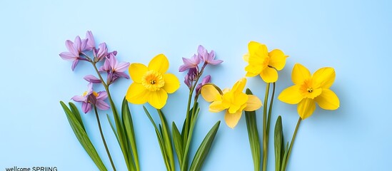 Obraz premium lilac and yellow flowers on a blue background