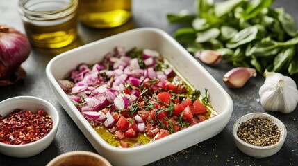 Close-up of seasoning tray with vegetables for roasting