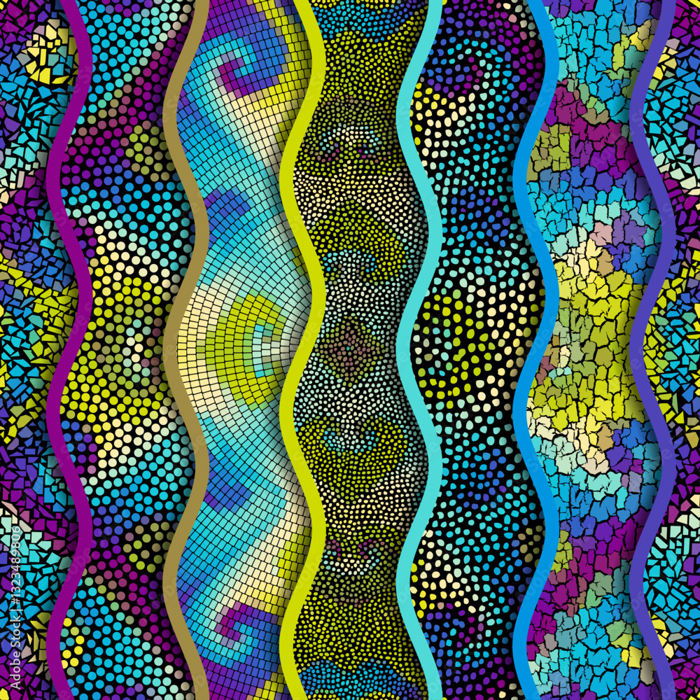 Poster Bright abstract mosaic seamless pattern. Vector background. Endless texture. Ceramic tile fragments.