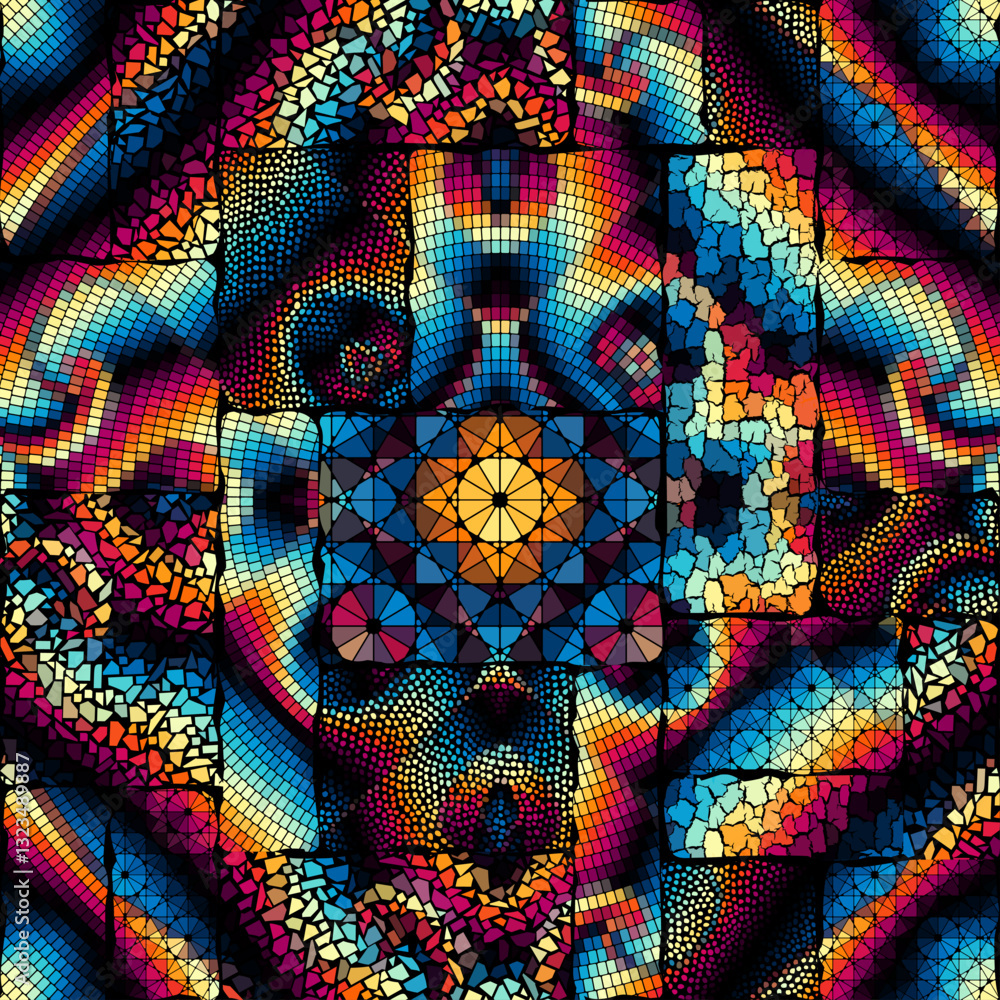 Poster bright abstract mosaic seamless pattern. vector background. endless texture. ceramic tile fragments.