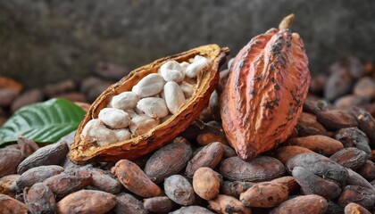 Close-up of raw cocoa pods and dried cocoa beans.