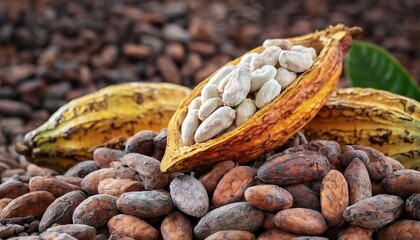 Close-up of raw cocoa pods and dried cocoa beans.
