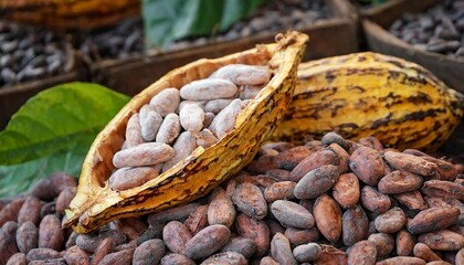 Close-up of raw cocoa pods and dried cocoa beans.