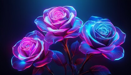 Glowing Neon Roses. Electric blue & purple shades, sci-fi floral concept. Modern, vibrant, futuristic