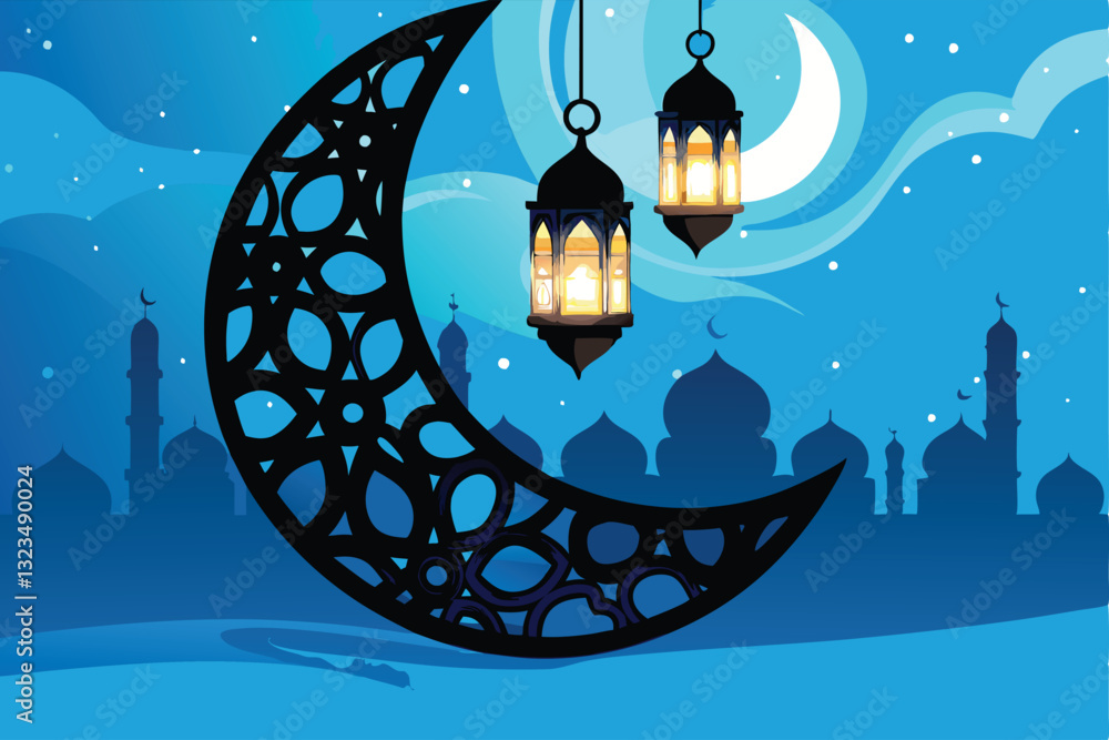 Poster generate a highly detailed image of a crescent moon formed entirely from intricate, interwoven arabi