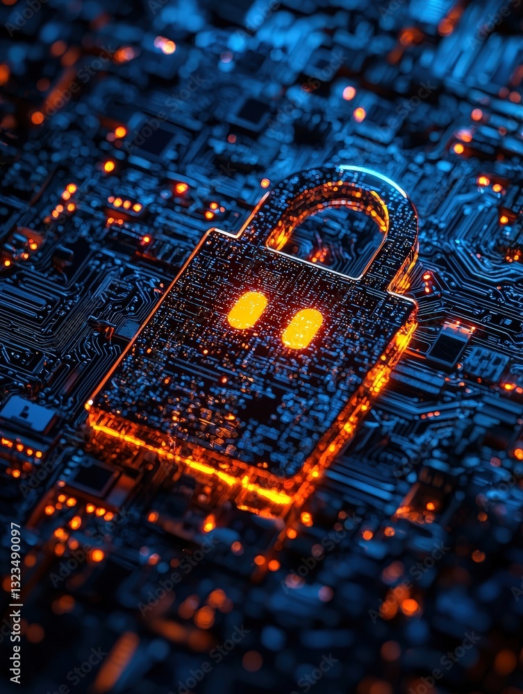 Poster close-up of a lock on an electronic circuit board representing security and technology concepts