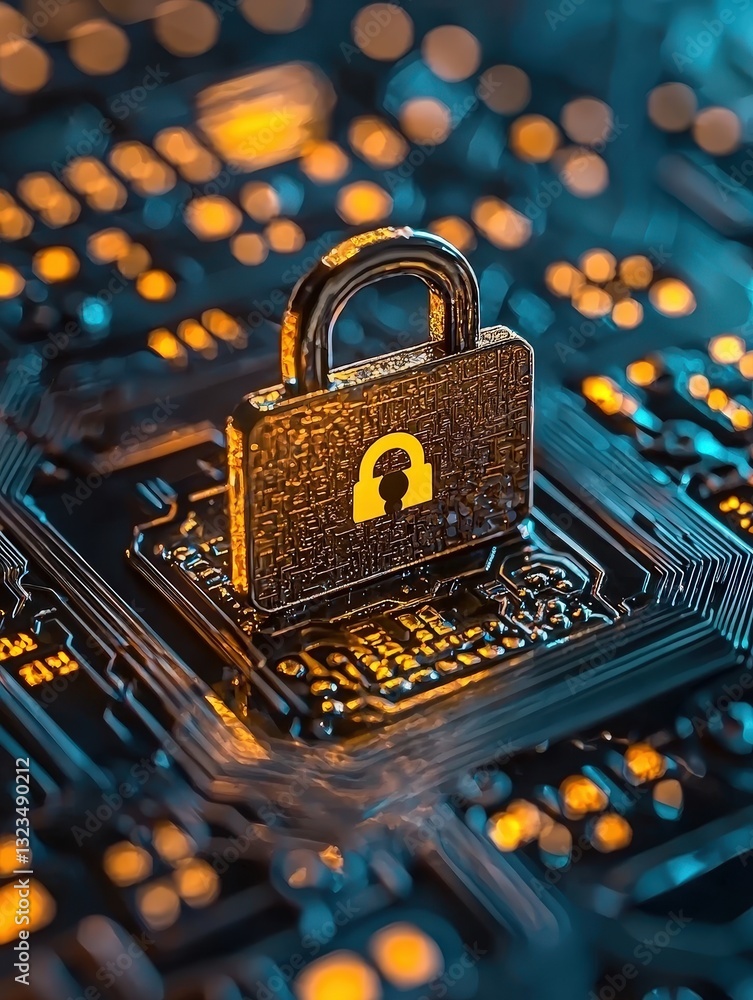 Aufkleber close-up of a padlock on a circuit board illustrating the importance of security in technology syste