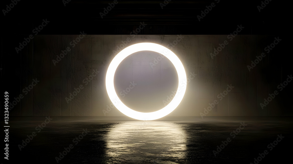 Poster glowing circular light displayed in dark concrete room with wet floor reflection