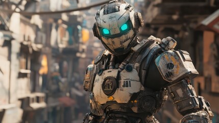 Fototapeta premium A battle-ready soldier in heavy bronze and silver armor with glowing teal eyes, standing resolutely in a futuristic dystopian city, ready for combat.