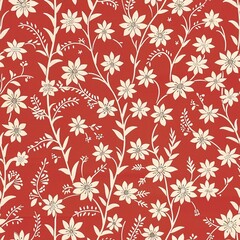 Fototapeta premium Gold flowers, red background, seamless collage pattern