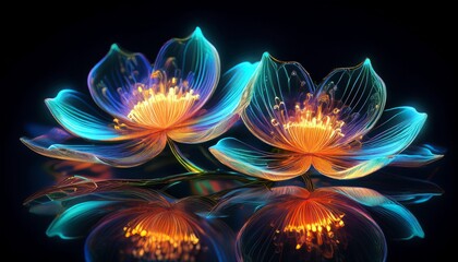 Glowing Bioluminescent Flowers. Mirrored on glossy black, futuristic & captivating. Luminous, abstract, unique design