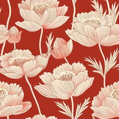 Gold flowers, red background, seamless collage pattern