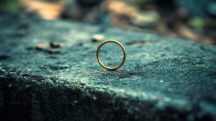 Golden ring placed on a rough stone surface with a blurred natural background