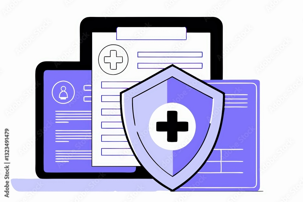 Poster a digital illustration depicting a secure health record system with a protective shield, emphasizing