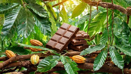 Chocolate bars placed among cocoa tree branches in a jungle.