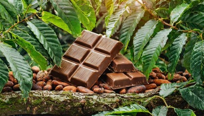 Chocolate bars placed among cocoa tree branches in a jungle.