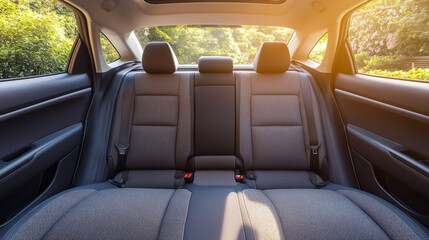 A contemporary sedan interior with dark cloth car seats, empty and clean, and isolated windows providing bright daylight 