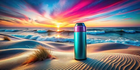 Cyan-magenta dynamic waves on a Sunset Dunes thermos cleaner.