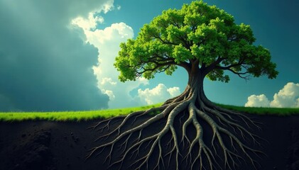 Ancient tree roots stretching through the earth, nature, ancient