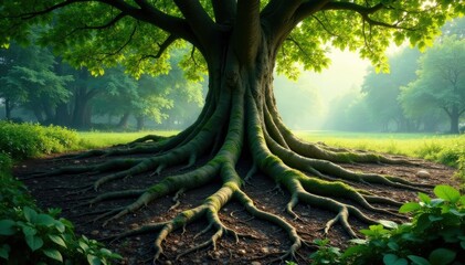 Ancient tree roots spreading out across the landscape, tree trunks, greenery