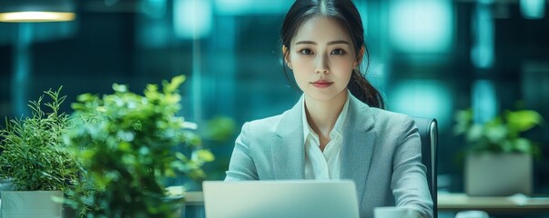 In a sleek high-tech workspace, a focused businesswoman engages with an AI-driven virtual meeting interface, leveraging predictive business analytics to optimize performance and strategic
