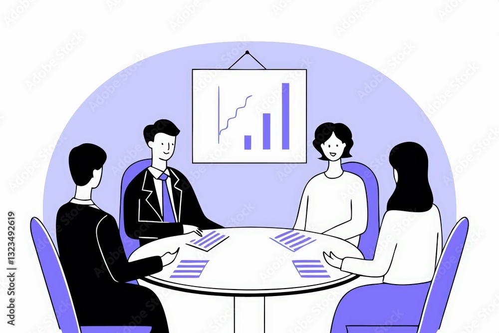Poster a group of professionals engaged in a meeting, discussing data represented in a graph on a wall.