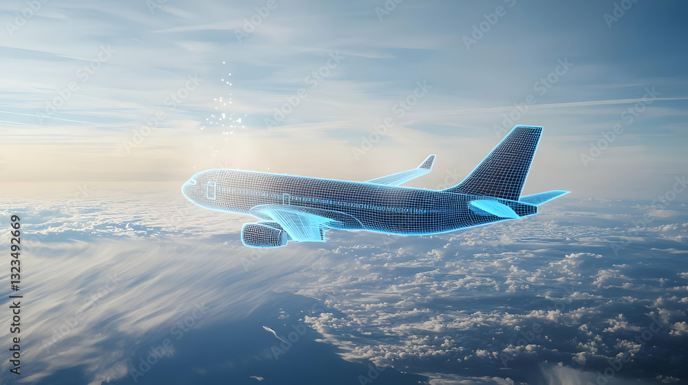 Poster digital airplane flying above blue cloudy sky with pixelated structure representing global technolog