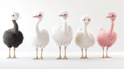 Obraz premium Five Stylized Fluffy Ostriches in Black, White, and Pink on White Background