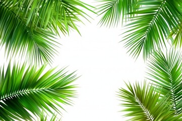 Obraz premium Lush green palm leaves framing bright white background nature scene tropical vibe high angle view refreshing concept