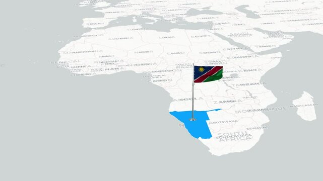 Namibia map animation. The Namibia flag flies majestically over a detailed map.