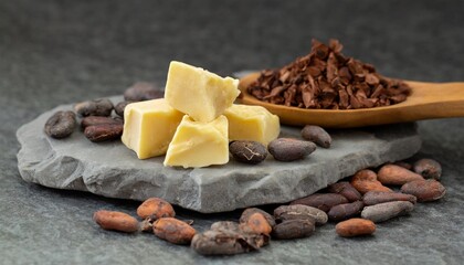 Cocoa butter and cocoa nibs displayed on natural stone.